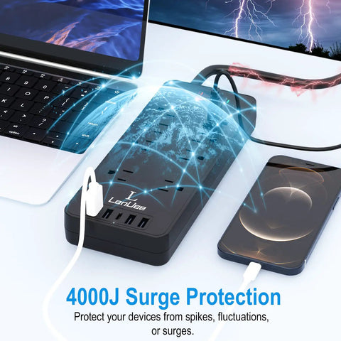 Eight Outlet Power Strip With Five USB Ports Including USB C, Six Foot Flat Plug Surge Protector showing surge protection with devices connected