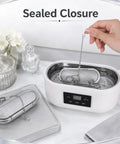 Upgraded 3 Pack Stainless Steel Ultrasonic Cleaner Baskets For Jewelry And Parts, showing mesh strainer in cleaning unit.