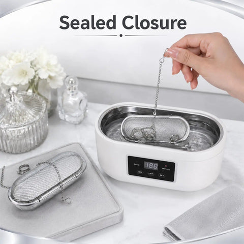 Upgraded 3 Pack Stainless Steel Ultrasonic Cleaner Baskets For Jewelry And Parts, showing mesh strainer in cleaning unit.
