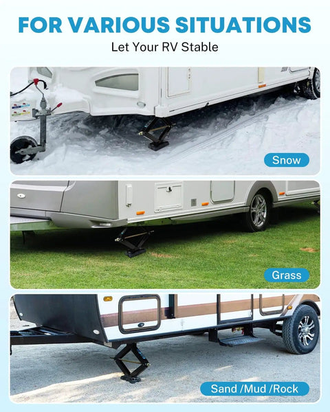 Two Pack RV Stabilizer Jack Pads For Scissor Jacks 8.75 To 9.5 Inch Base By 5.5 Inch Wide shown on snow, grass, and sand surfaces