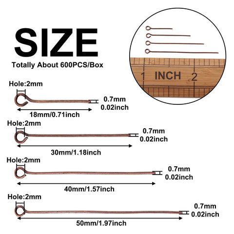 Red Copper Eye Pin Set 600 Pcs Open Eye Pins 21 Gauge In Four Lengths 18mm 30mm 40mm 50mm For Jewelry Making Earring Dangles Charms Findings And Head Pins For Easy Crafting size chart