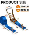 Tough As Nails 2 Inch Ratchet Straps 20 Foot Tie Down Cargo Binders with steel hooks and blue polyester webbing dimensions.