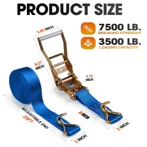 Tough As Nails 2 Inch Ratchet Straps 20 Foot Tie Down Cargo Binders with steel hooks and blue polyester webbing dimensions.