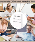 Collage of people using portable printers with Bulk Pack 100 Sheets 8.5x11 US Letter Thermal Printer Paper For On The Go Portable Printers