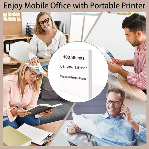Collage of people using portable printers with Bulk Pack 100 Sheets 8.5x11 US Letter Thermal Printer Paper For On The Go Portable Printers