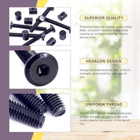 Black M6x50mm Crib Hardware Screws With Barrel Nuts And Allen Wrench Pack Of 25 For Furniture Cots And Cribs displayed with features.