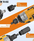 Kickass One Inch To Half Inch Impact Socket Adapter Reducer Conversion Kit for Real Mechanics showing usage steps on a power tool.
