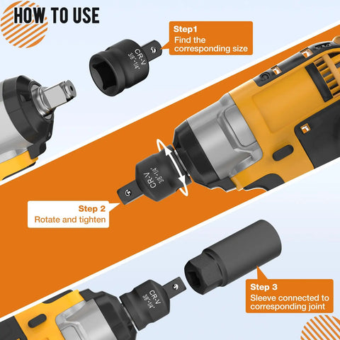 Kickass One Inch To Half Inch Impact Socket Adapter Reducer Conversion Kit for Real Mechanics showing usage steps on a power tool.
