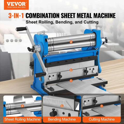 Front view of 12 Inch 3 In 1 Sheet Metal Shear Brake Roll Machine for home shop showing bending, cutting, and rolling functions.