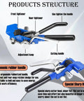 Super Heavy Duty Stainless Steel Strapping Kit With Manual Tensioner Tool And One Hundred Rugged Steel Banding Buckles cut-off tool with ergonomic handle design.