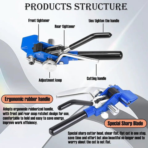 Super Heavy Duty Stainless Steel Strapping Kit With Manual Tensioner Tool And One Hundred Rugged Steel Banding Buckles cut-off tool with ergonomic handle design.
