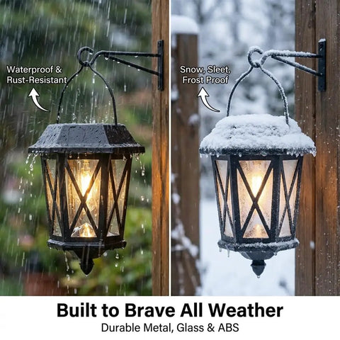 Outdoor Solar Lanterns Waterproof Hanging Solar Lights With Glass Shade Easy Hang Two Pack LED Metal Wall Mount Outdoor Lighting For Yard Garden Patio Black Weatherproof under rain and snow conditions