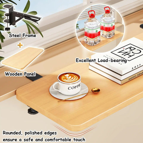 Foldable Wooden Window Sill Extender Wall Mounted Drop Leaf Extension Shelf For Compact Apartments with steel frame and wooden panel.
