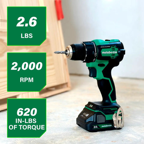 Eighteen-Volt Cordless Brushless Driver Drill Kit With Two Lithium Batteries And Charger Carry Bag Half Inch Torque Up To 620 Inch Pounds 2000 RPM Compact Beast Power Drill Set DS18DEX on a surface