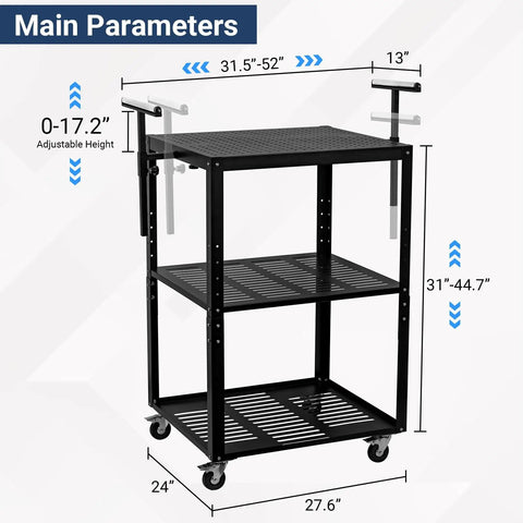 Planer Stand With Roller, 27.6 In By 24 In Tabletop, Height Adjustable From 31 To 44.7 In, 550 Lb Capacity, storage shelves and casters