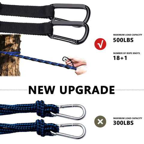 Single Portable Parachute Nylon Hammock upgraded carabiners for outdoor adventure, with 500 lbs capacity and 18+1 rope knots.