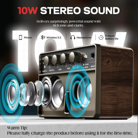 10W Portable Guitar Amp With Rechargeable Battery, Tiny Practice Amp For Electric Guitars, showcasing stereo sound features.