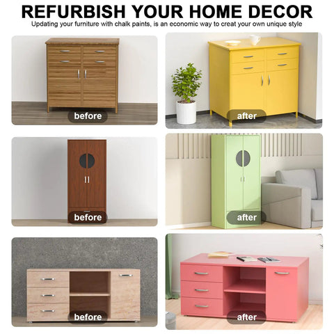 Before and after showcasing furniture updates using 14 Top Shelf Matte Chalk Paint Bottles Built For Zero Sweat Furniture Renovations Paired With A Genuine Liquid Wax Compound To Shield Your Sweet Home Decor From Daily Wear And Tear.