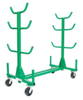 Heavy Duty Mobile Conduit And Pipe Rack Featuring Badass Seven Bin Jobsite Organizer With Hella Smooth Swivel Casters Fully Foldable Stackable Setup For Crews, green steel frame with casters.