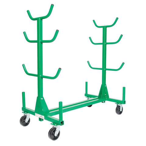 Heavy Duty Mobile Conduit And Pipe Rack Featuring Badass Seven Bin Jobsite Organizer With Hella Smooth Swivel Casters Fully Foldable Stackable Setup For Crews, green steel frame with casters.