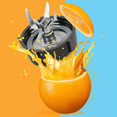Blender blade from Six Point Fusion Blender Blade Replacement Kit With Jar Base cutting through orange with juice splash.