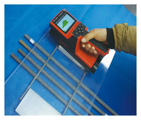 Person using Real Deal Multifunction Wall Scanner And Electronic Stud Finder over steel rebar on a blue surface.