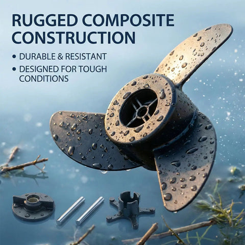 3-Blade Trolling Motor Propeller Replacement For MGA089B with rugged composite construction, shown wet and durable in shallow water.