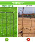 Comparison of rustproof black coated metal fence panel vs rusty wire fence side by side.