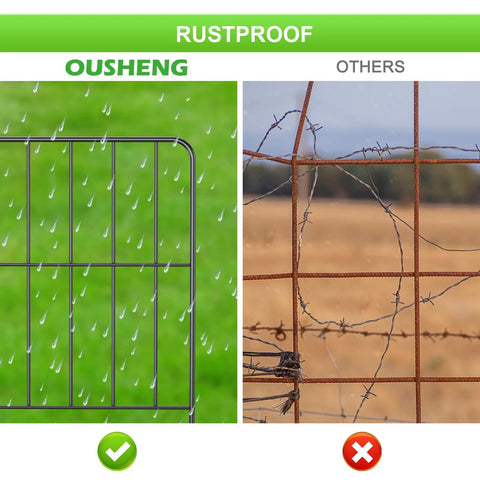 Comparison of rustproof black coated metal fence panel vs rusty wire fence side by side.