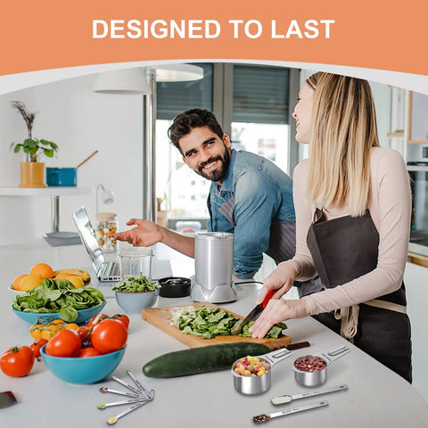 Couple using Stainless Steel Measuring Cups And Spoons Set With Nesting Square Design For Kitchen Includes 7 Cups And 7 Spoons Plus 5 Mini Spoons And 1 Leveler Durable 18 Zero Stainless Steel Gadgets For Cooking And Baking in modern kitchen
