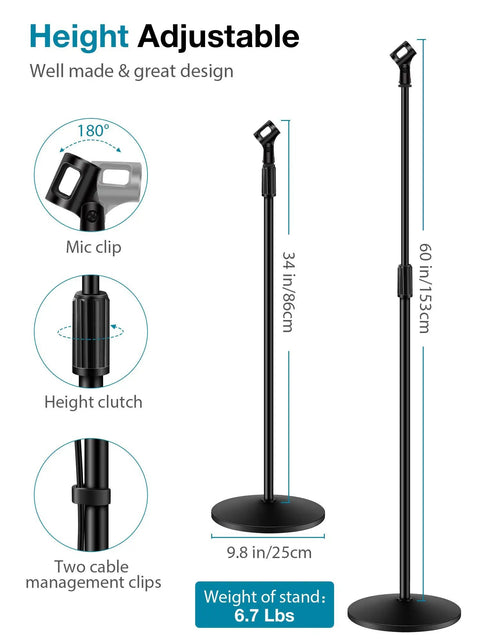Heavy Duty Floor Microphone Stand With Detachable Boom Arm Weighted Round Base Adjustable Height From 34 To 60 Inches