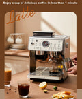 Built To Last Stainless Steel Espresso Machine With Integrated Burr Grinder, 25 Bar Pump Pressure, Auto Milk Frother, And Roomy Water Tank brewing espresso and frothing milk.