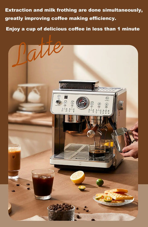 Top Grade Stainless Steel Espresso Machine With Built In Burr Grinder And Rapid Milk Frother Wand Includes 90 Oz Pull Out Water Tank in use.
