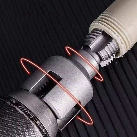 Heavy Duty Pipe Extractor Tool For Snatching Broken Threads Out Of Tricky Tight Corners Without Tearing Down Drywall Drill Powered Behind Wall Plumbing Socket, showing close-up of teeth and adapter.