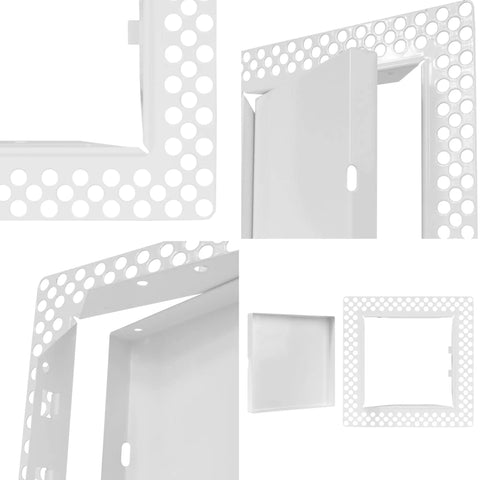 Built Tough 7x7 Galvanized Steel Drywall Access Panel With Fully Removable Door And Paintable White Finish For Plumbing And Utility Covers Quick No Fuss Install - Close-up view showing perforated frame and removable door.