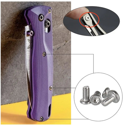 Hella Tough 304 Stainless Steel Pocket Knife Handle Screws And Shaft Pivot Pin Rivets 100 Piece EDC Folding Hardware Kit shown with a purple knife and assorted screws.