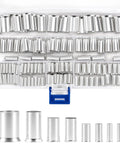 Pro Grade 166 Piece Wire Ferrules Kit With Silver Plated Copper Crimp Terminals In Eight AWG Sizes From 12 To 2 And 1-0 2-0 Insulated Cord End Terminals For Reliable Electrical Cable Connections And DIY Projects, organized in a storage box.