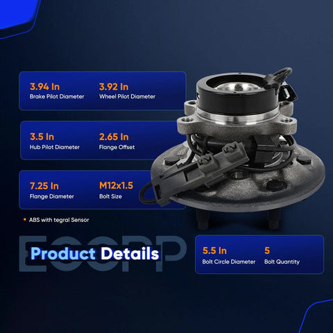 Front Left 6 Lug Wheel Bearing And Hub Assembly With Abs Fits 2004 2008 Chevrolet Colorado 2004 2008 GMC Canyon 2007 2008 Isuzu I 280 I 290 I 370 Direct Fit OE 515108 Fits Like A Glove on blue background with dimensions