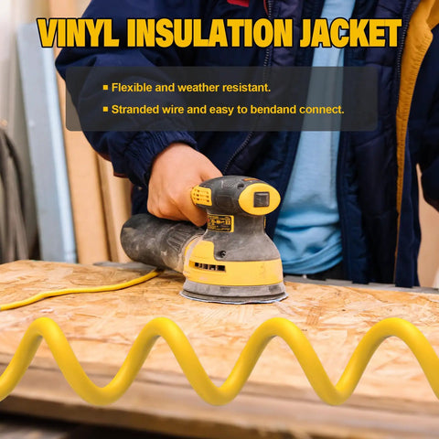 Person sanding wood with a sander, using Two Pack 25 Foot Lighted Outdoor Extension Cord Beefy 12 Gauge SJTW Heavy Duty Yellow Cable