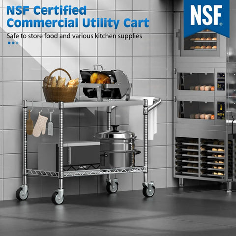 Heavy Duty 45 Inch Rolling Utility Cart With Hella Roomy Two Tier NSF Certified Steel Storage Shelf For Warehouse And Home Garage Rock Solid Workhorse Tool Trolley On Swivel Casters