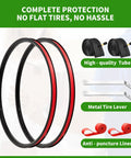Image of 2 Pack 26 Inch Foldable Bike Tire Set Complete 8 Piece Kit With Inner Tubes Rim Strips And Tire Levers Universal Replacement For Adult Mountain Bikes Beach Cruisers And More showing components.