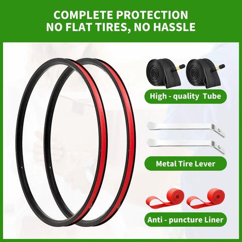 Image of 2 Pack 26 Inch Foldable Bike Tire Set Complete 8 Piece Kit With Inner Tubes Rim Strips And Tire Levers Universal Replacement For Adult Mountain Bikes Beach Cruisers And More showing components.