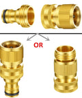 Five Set Garden Hose Quick Connect Fittings Brass Quick Connectors Three Quarter Inch GHT Includes Extra Rubber Washers Male And Female Ends Easy Snap On Leak Proof Hose Connector Set displayed.