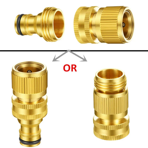 Five Set Garden Hose Quick Connect Fittings Brass Quick Connectors Three Quarter Inch GHT Includes Extra Rubber Washers Male And Female Ends Easy Snap On Leak Proof Hose Connector Set displayed.