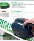 Heavy Duty Electric Strapping Machine Featuring Hot Melt Friction Lock And Rock Solid Adjustable Tension For Thick Tire Bundles and no sweat industrial packing workflows alongside PET and PP strapping materials.
