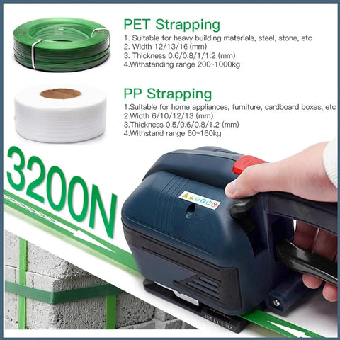 Heavy Duty Electric Strapping Machine Featuring Hot Melt Friction Lock And Rock Solid Adjustable Tension For Thick Tire Bundles and no sweat industrial packing workflows alongside PET and PP strapping materials.