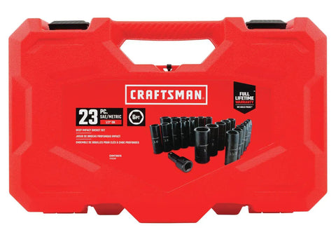 Deep Impact Socket Set 1/2 Inch Drive SAE, 23-Piece With 6-Point Sockets in red storage case, corrosion-resistant finish