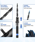 Diagram showing features of 22-Piece Countersink Drill Bit Set With Tapered Wood Bits, Plug Cutter, Adjustable Depth Stop, Hex Shank