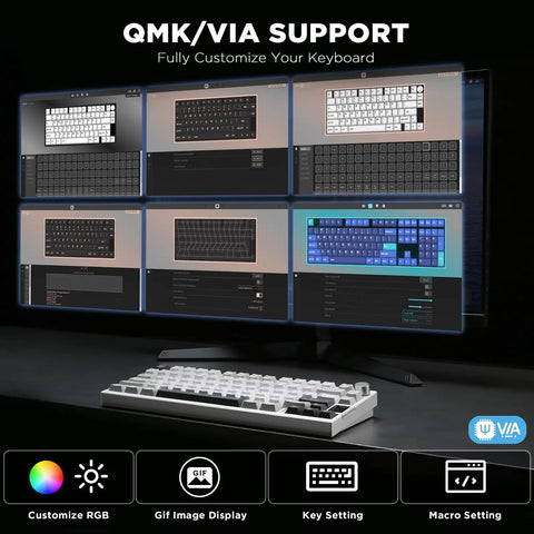 Slick Pro Wireless Aluminum 75 Percent Mechanical Keyboard With Custom LCD Display showing QMK/VIA customization software.