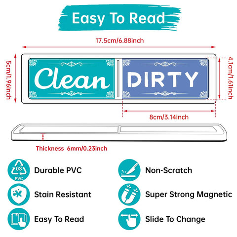 Dishwasher Clean Dirty Sign Magnet With Strong Magnetic Hold Green And Blue No Scratch Slide Tab dimensions and features